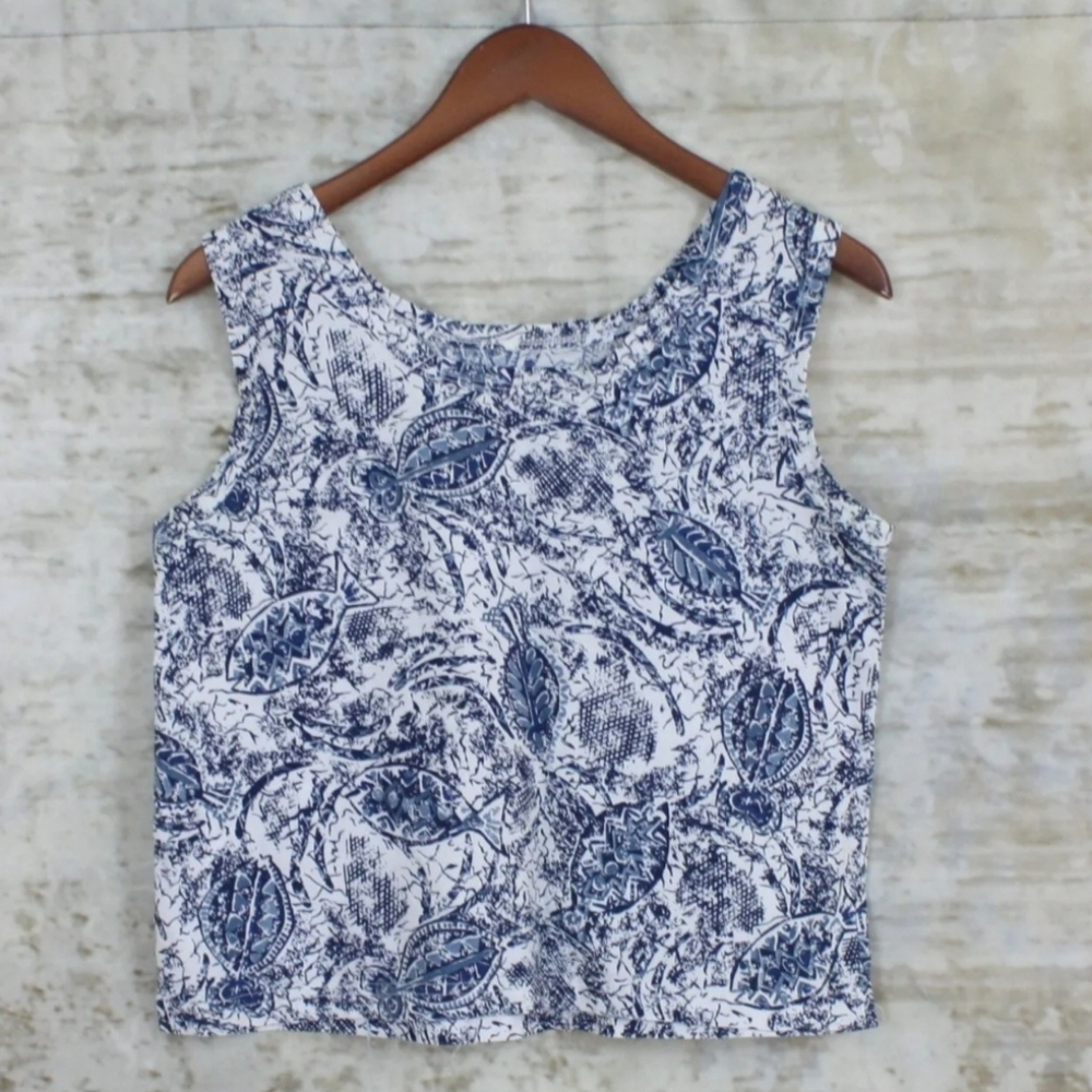 Blue Toile Tank Top Small Cotton Blouse Sleeveless Retro Resort Coastal Style - Picture 2 of 6